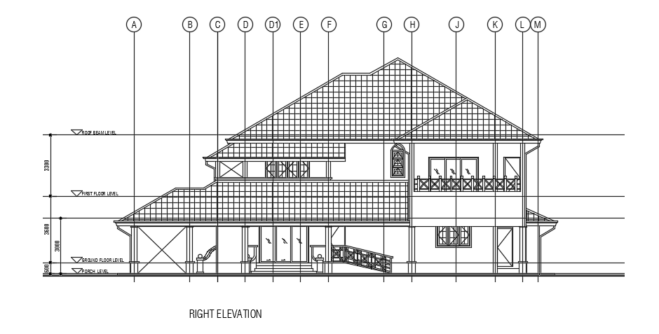 The right side elevation view of the 21x22m architecture villa building