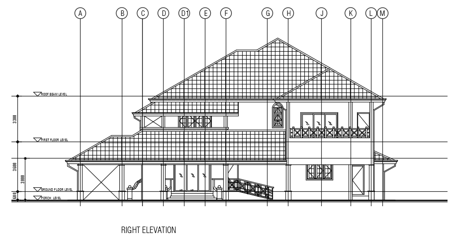 The right side elevation view of the 21x22m bungalow house building