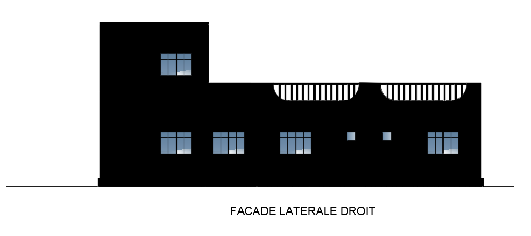 The right side elevation view of the 23x15m architecture singe story house building 2d AutoCAD model