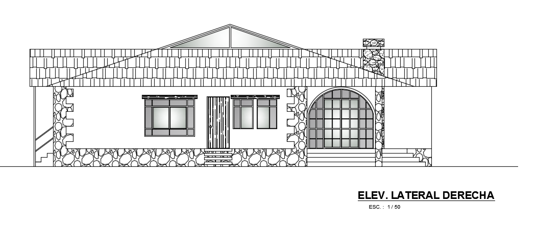 The right side elevation view of the 38x13m architecture one story villa building AutoCAD drawing is given in this file
