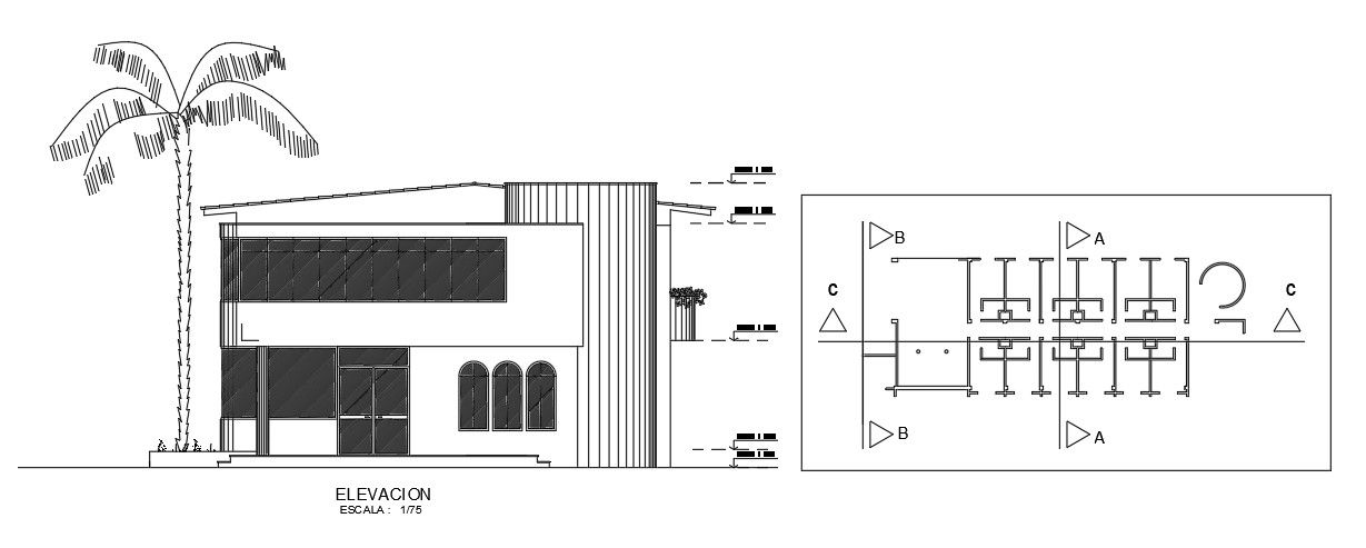 The right side elevation view of the 40x12m hostel building is given in this AutoCAD drawing model. Download now.