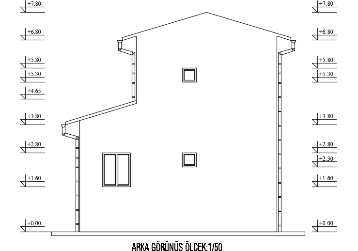 The right side elevation view of the 6x5m house building 2d AutoCAD model
