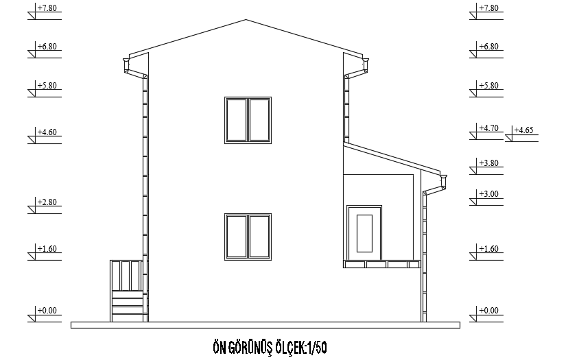 The right side elevation view of the 6x5m simple two story house building drawing