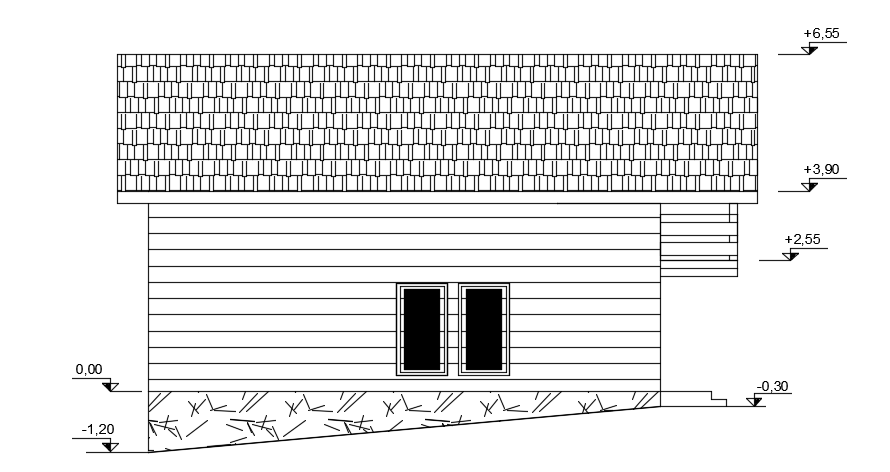 The right side elevation view of the 7x10m house building