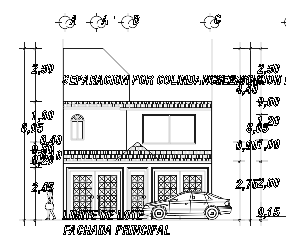 The right side elevation view of the 7x23m house building AutoCAD drawing