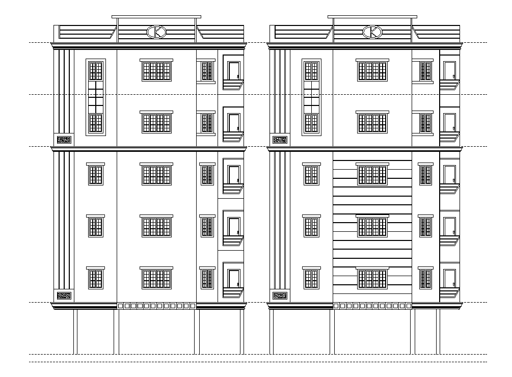 The right side elevation view of the 82’x74’ residential apartment has been given in this AutoCAD drawing model. Download now.