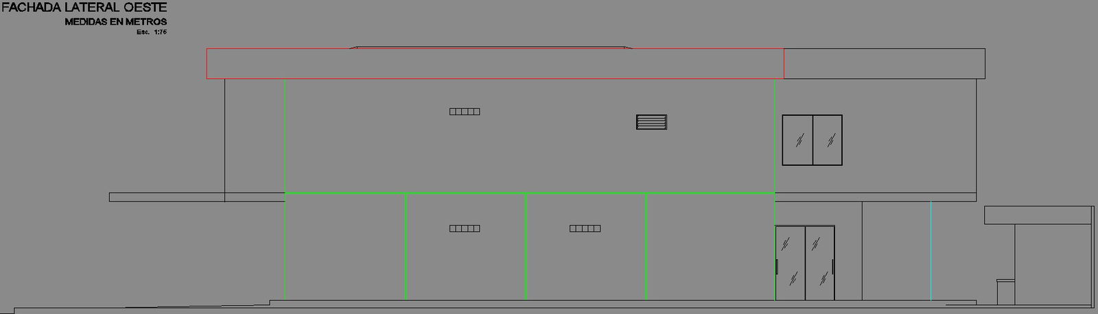 The right side elevation view of the 8x22m house building