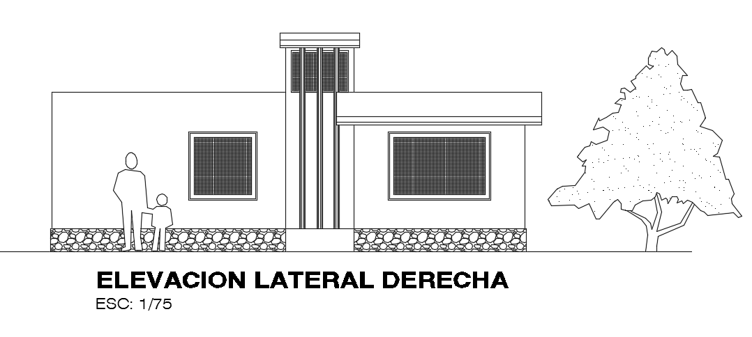 The right side elevation view of the 8x8m 2bhk house building drawing