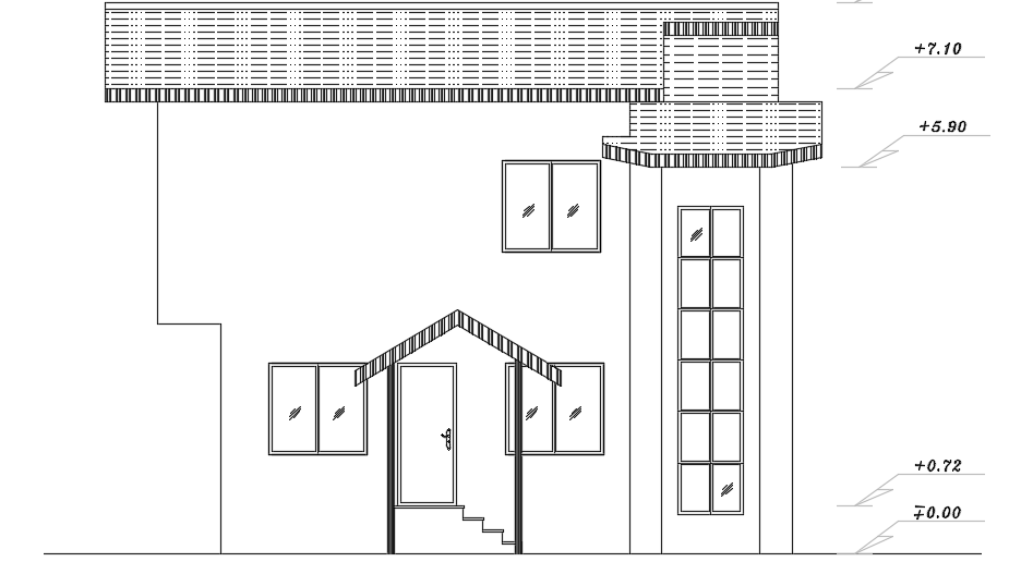 The right side elevation view of the 8x8m house building CAD drawing