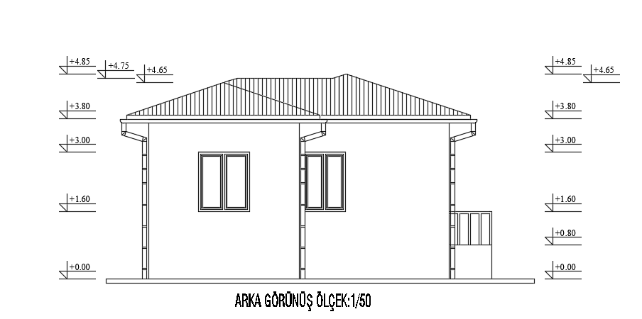 The right side elevation view of the 9x7m bungalow house building