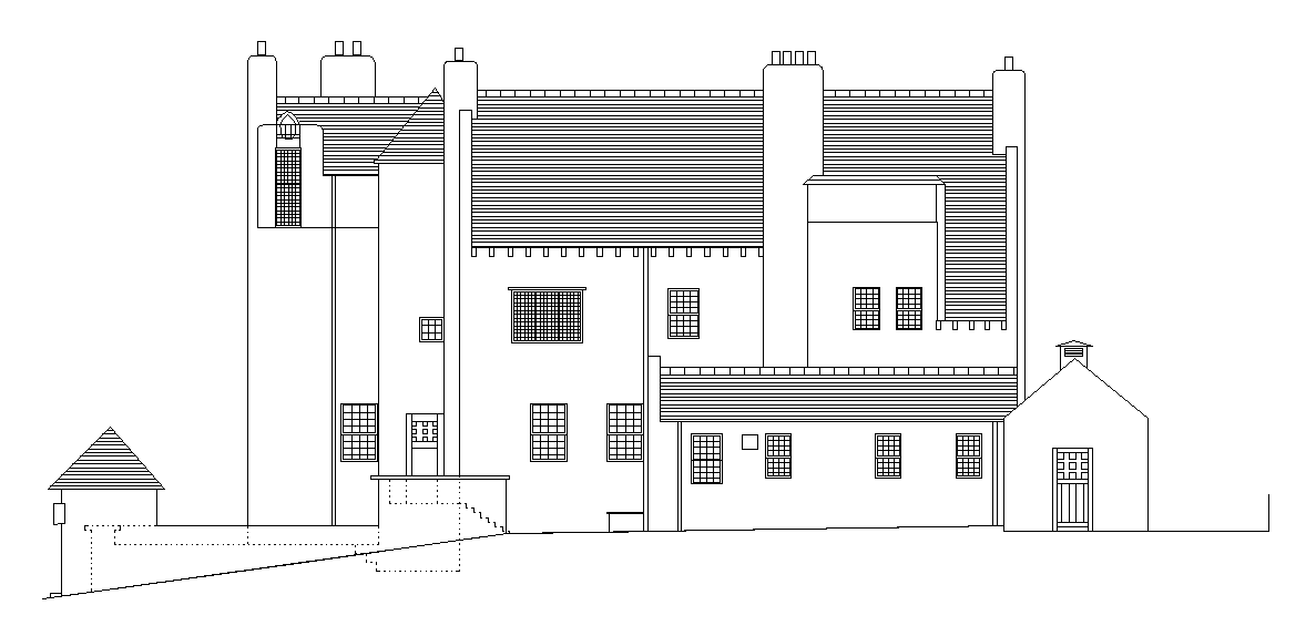The right side elevation view of the hill house building is available in this AutoCAD 2D DWG drawing file. Download now.