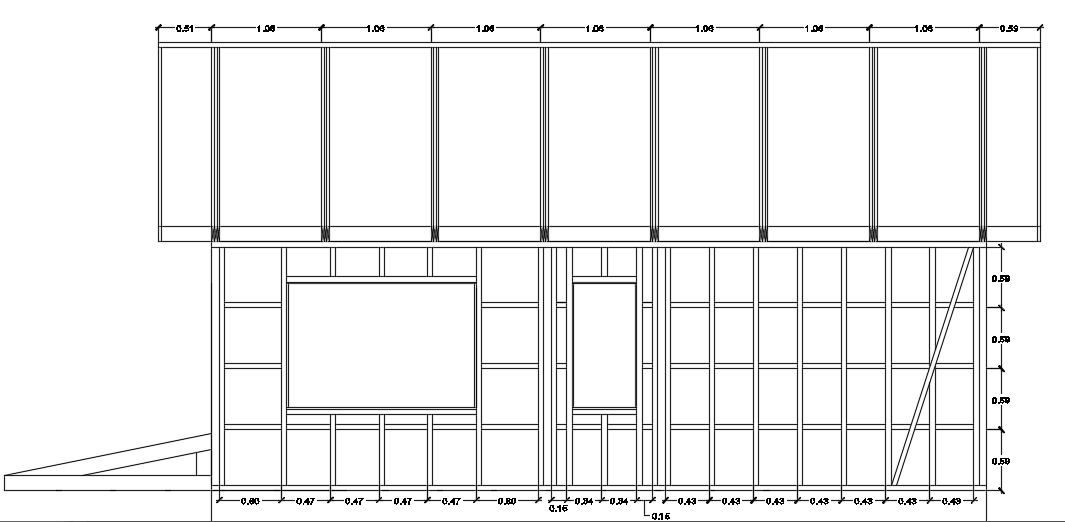 The right side partition view of the 6x7m two story house building cad drawing