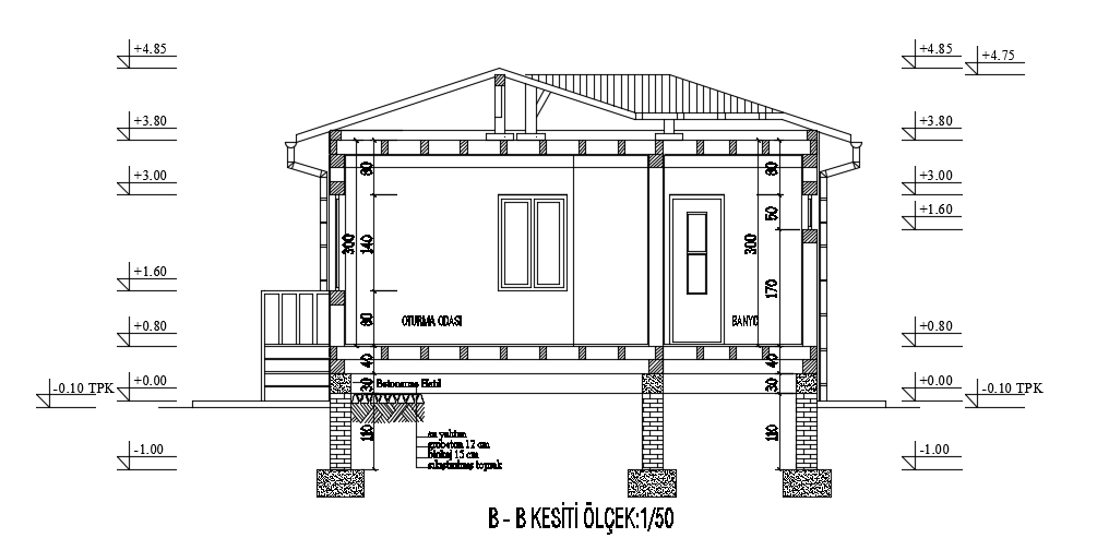 The right side section view of the 10x8m architecture 1bhk house building