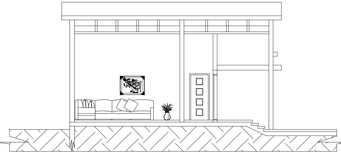 Sectional Right Side View of a 14x10m Simple House AutoCAD Drawing