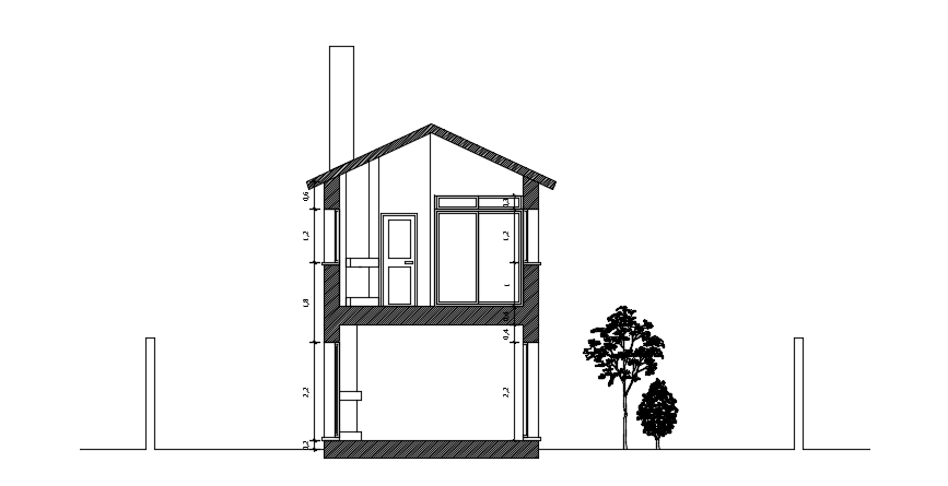 The right side section view of the 14x16m two story duplex house building AutoCAD model