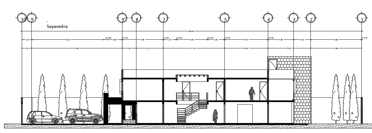 The right side section view of the 15x0m house building CAD drawing