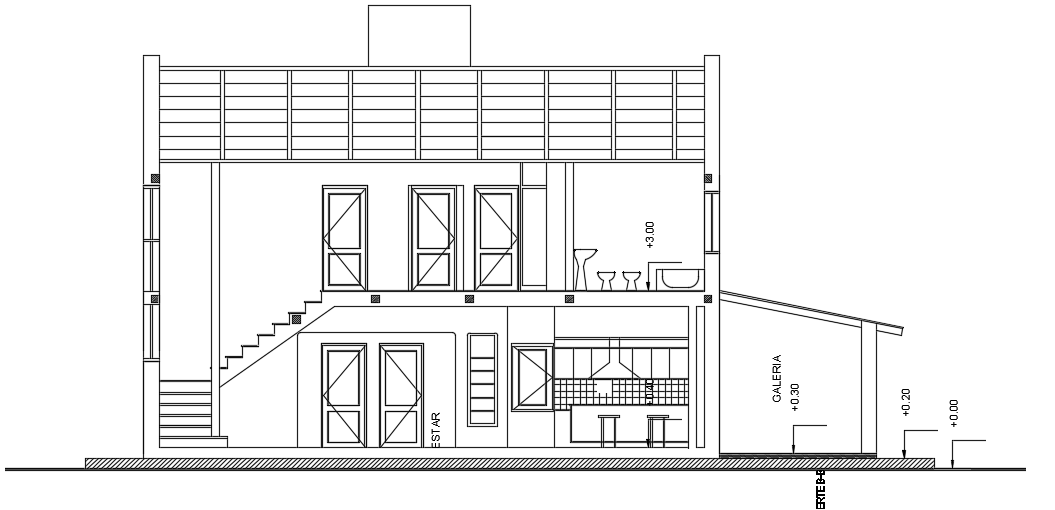 The right side section view of the 15x13m architecture 3bhk house building cad drawing