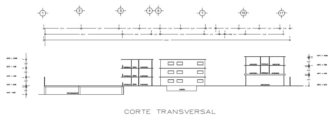 The right side section view of the 164x84m hotel building is given in this AutoCAD drawing model. Download now.