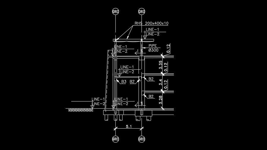 The right side section view of the 22x10m industrial plan