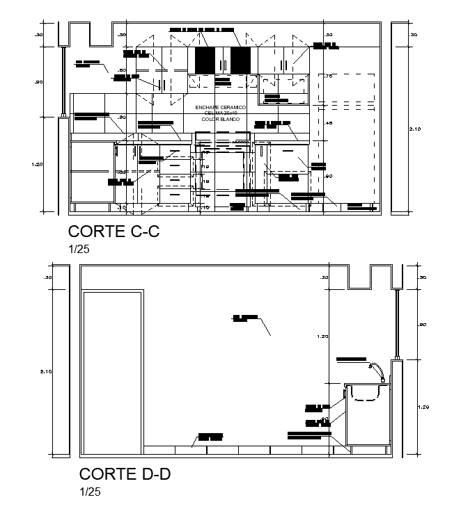 The right side section view of the 2x4.3m kitchen is given in this AutoCAD drawing model. Download now.