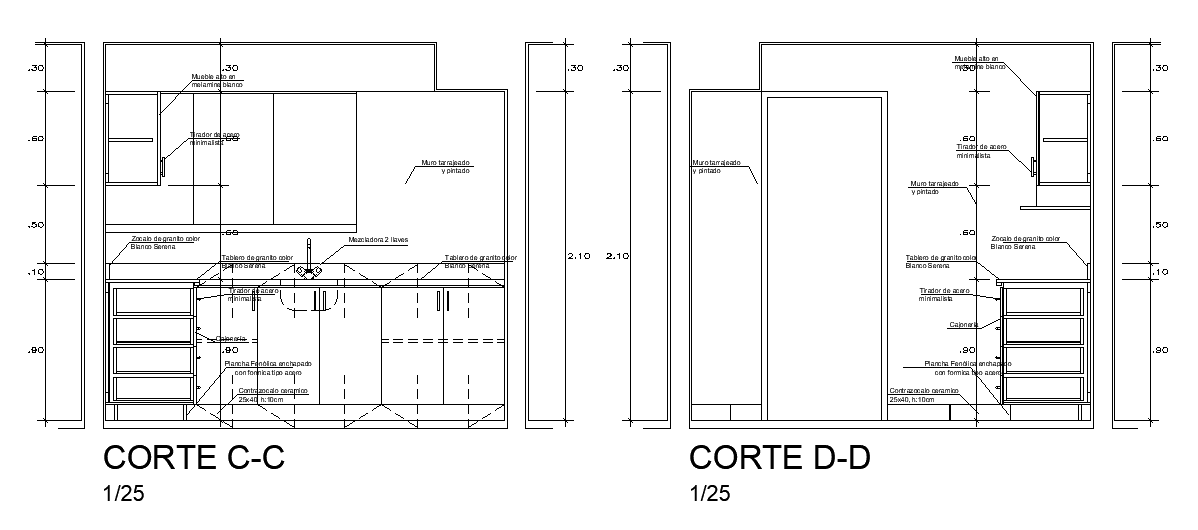 The right side section view of the 3150x3000mm kitchen is given in this AutoCAD drawing model. Download now.