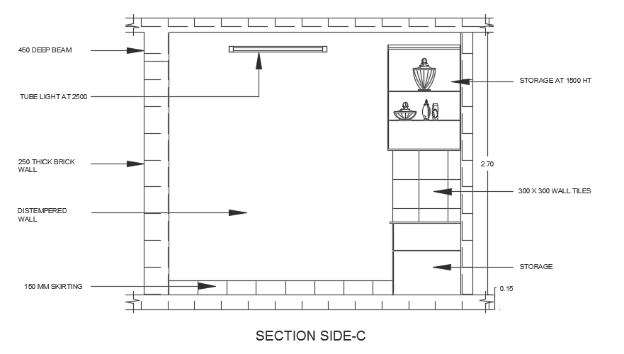 The right side section view of the 3380x3080mm kitchen building AutoCAD 2d drawing