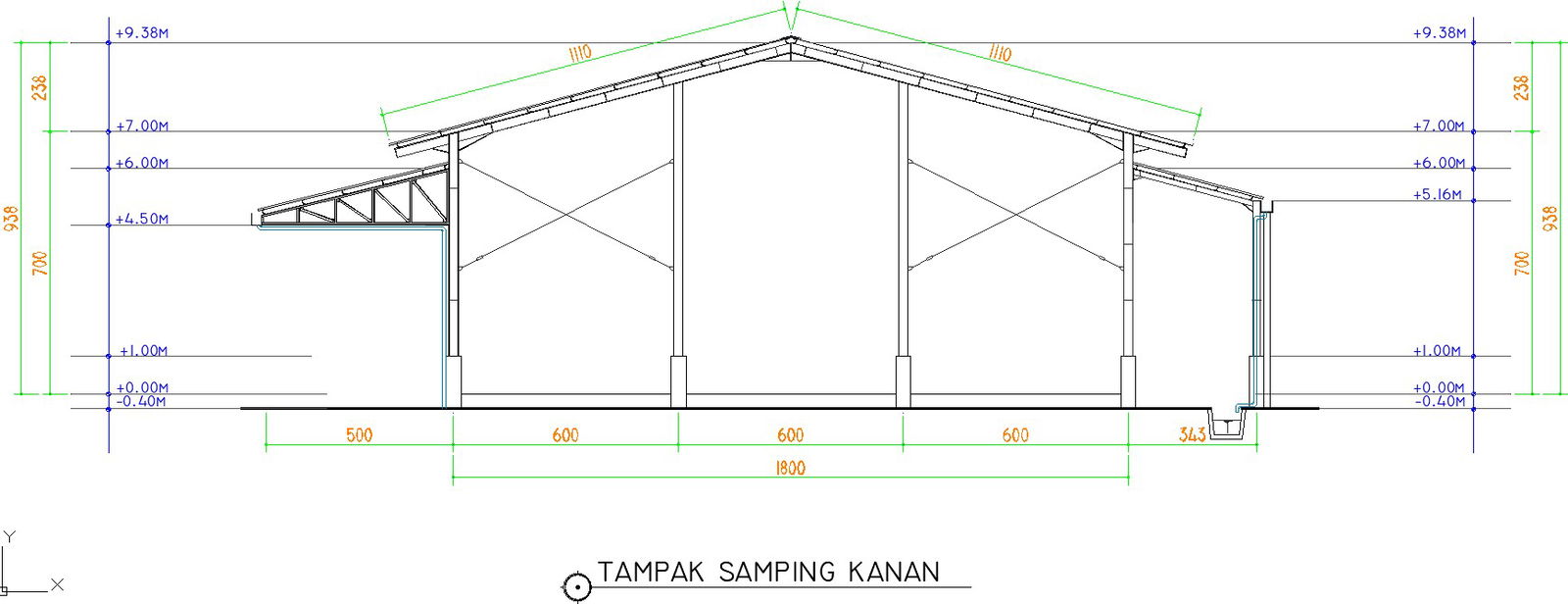 The right side section view of the 33x30m warehouse building