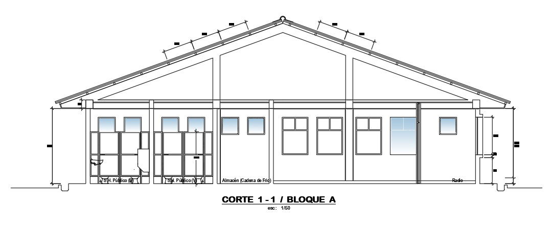 The right side section view of the 34x14m hospital building is given in this AutoCAD drawing model.