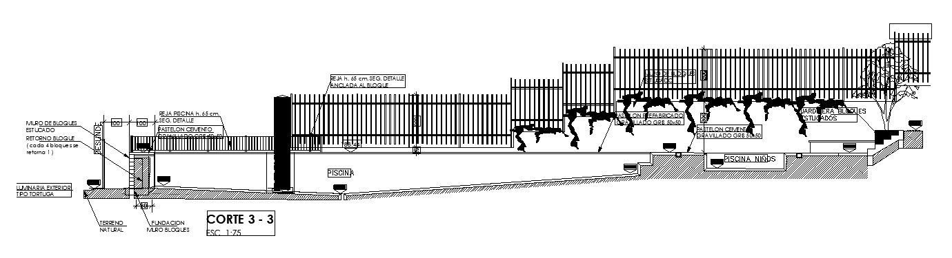 The right side section view of the 35x11m swimming pool is given in this AutoCAD drawing model. Download now.