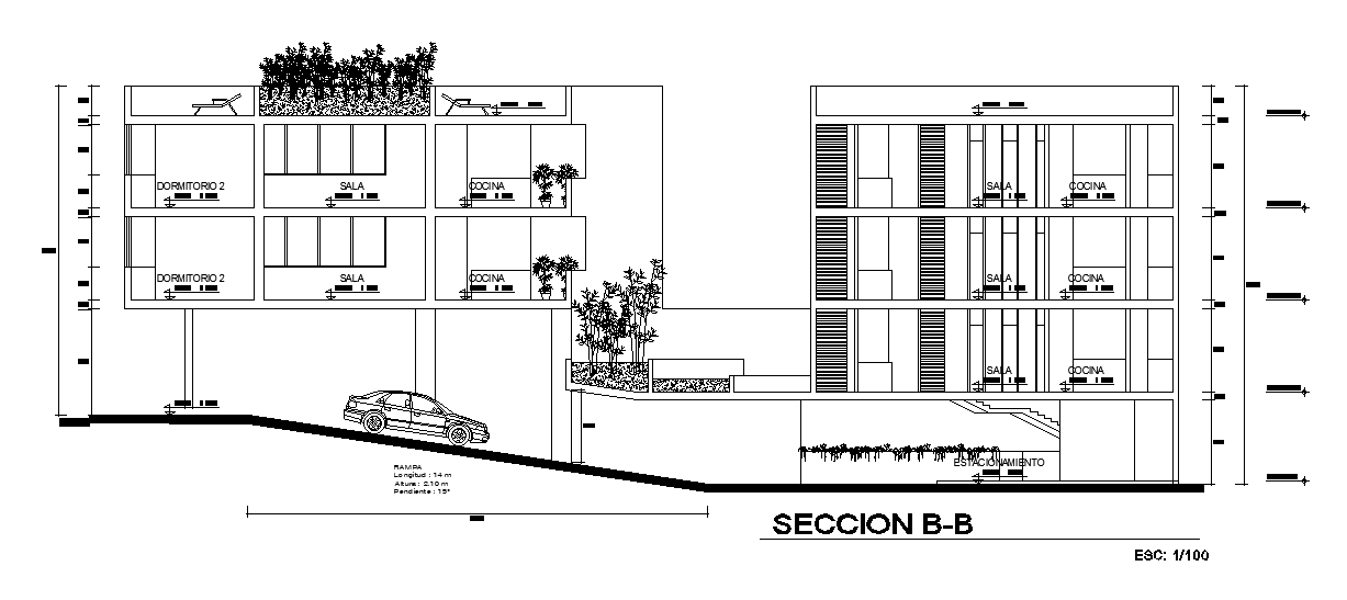 The right side section view of the 35x27m house building is given in this AutoCAD drawing model.