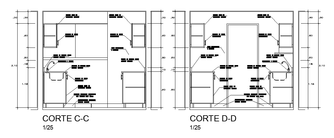 The right side section view of the 3x4m kitchen is given in this AutoCAD drawing model. Download now.