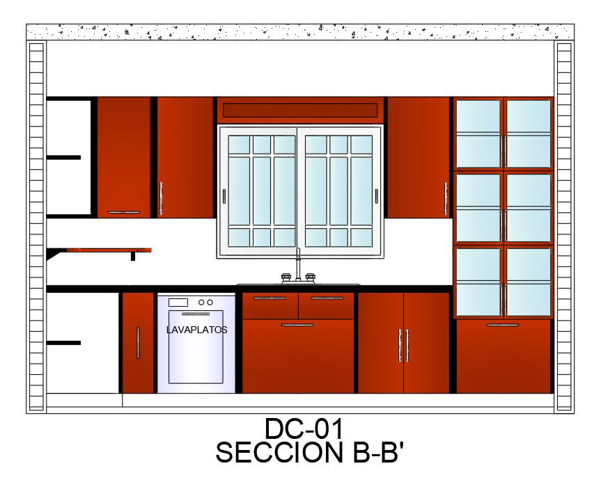 The right side section view of the 5.4x4m kitchen is given in this AutoCAD drawing model. Download now.