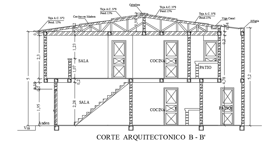 The right side section view of the 5x10m house building AutoCAD drawing