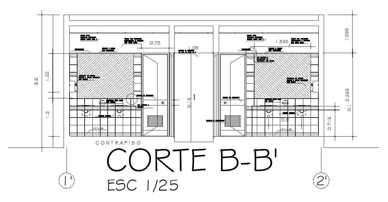 The right side section view of the 5x7m toilet building is given in this AutoCAD 2D model. Download now.
