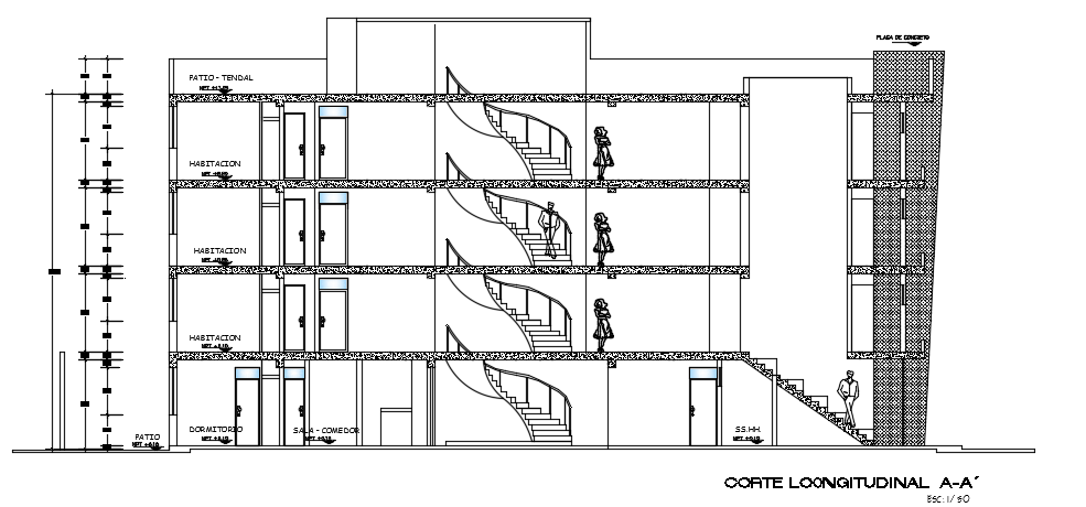 The right side section view of the 6x24m four story apartment building AutoCAD