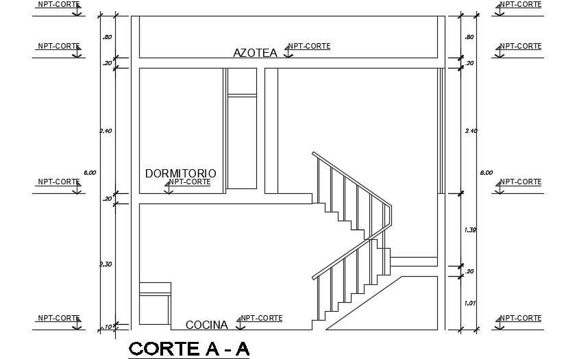 The right side section view of the 6x6m small residential building AutoCAD model