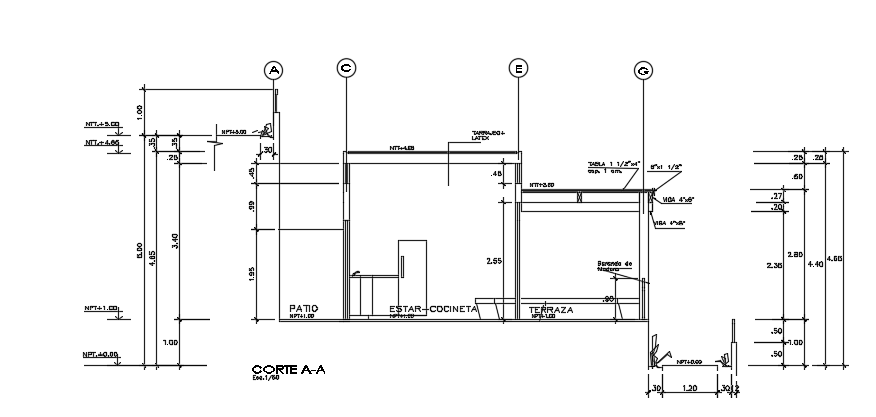 The right side section view of the 6x8m architecture one story house building cad drawing