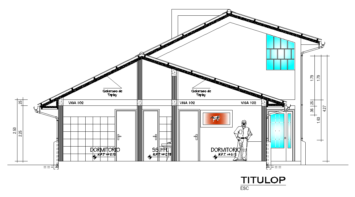 The right side section view of the 8x10m house design is given in this AutoCAD drawing model.