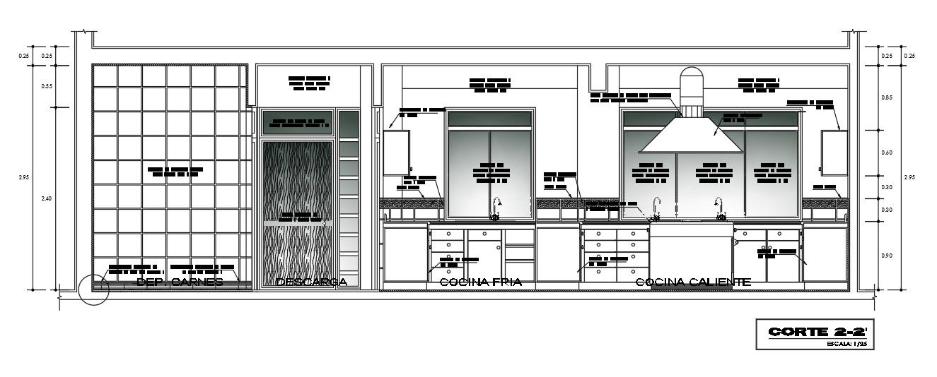 The right side section view of the 8x10m kitchen building is given in this AutoCAD drawing model. Download now.