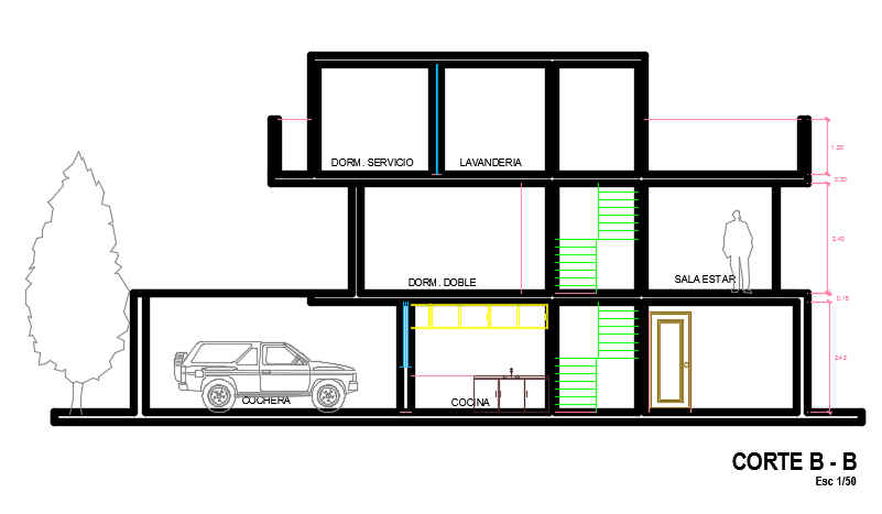 The right side section view of the 8x15m house building AutoCAD drawing
