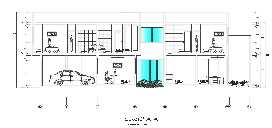 The right side section view of the 8x20m villa two story house building