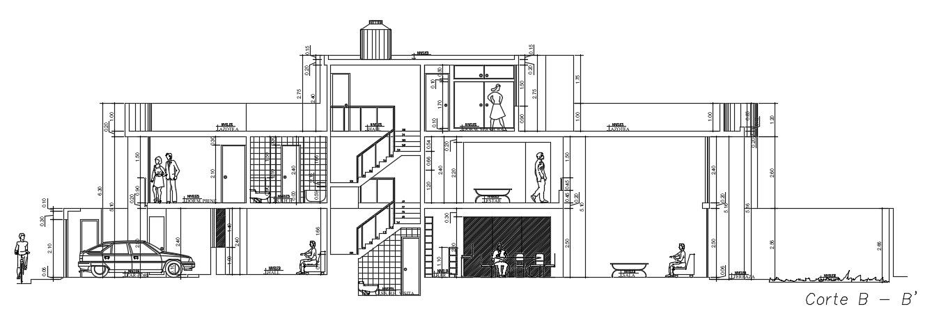 The right side section view of the 8x30m house building has been given in this AutoCAD drawing model.
