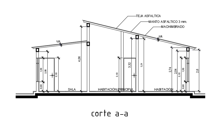 The right side section view of the 8x9m house building drawing is given in this model