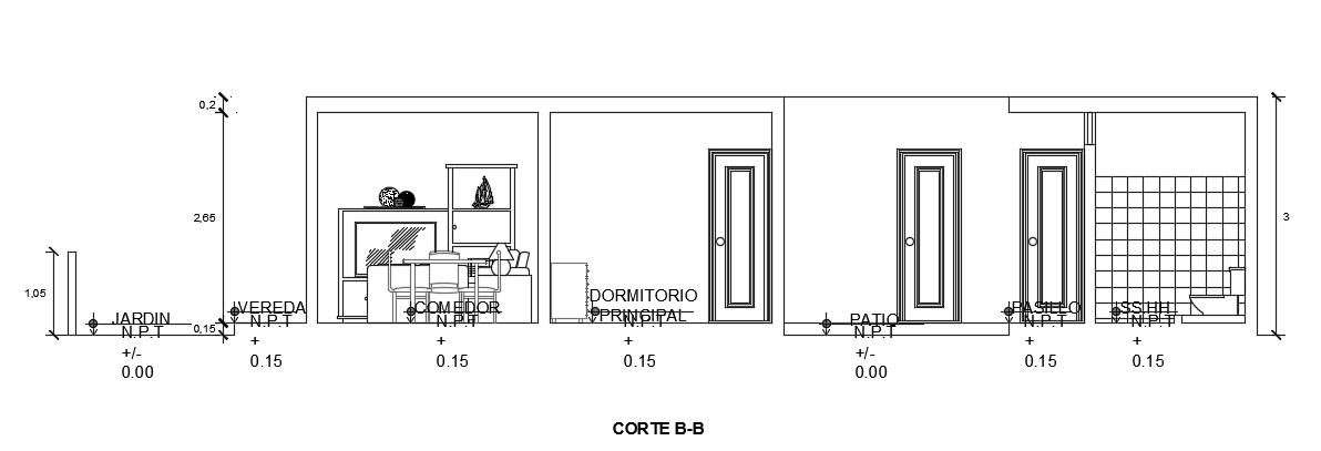 The right side section view of the 9x15m house building