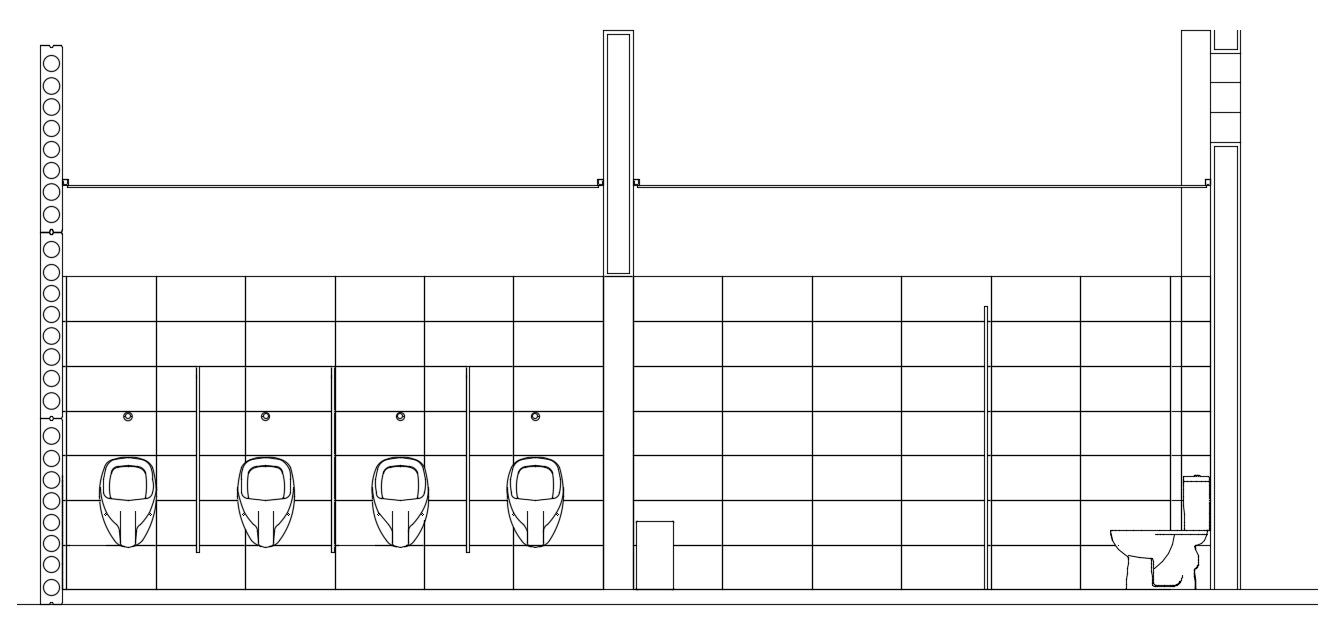 The right side section view of the 9x8m office toilet building is given in this AutoCAD drawing model. Download now.
