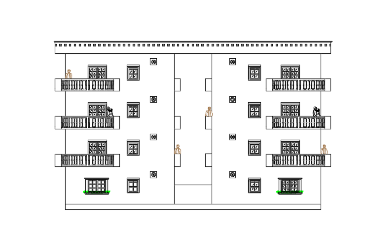 The right side view of the 27x20m apartment house building 2d AutoCAD drawing is given
