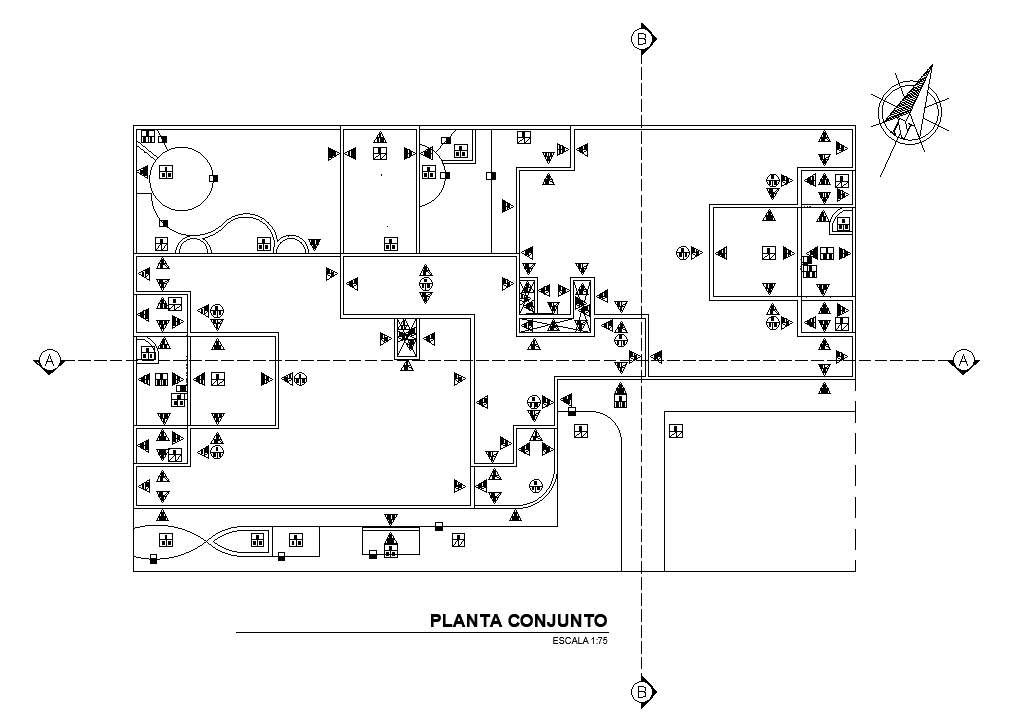 The roof layout of the 34x21m architectural office plan is given in this AutoCAD drawing model. Download now.