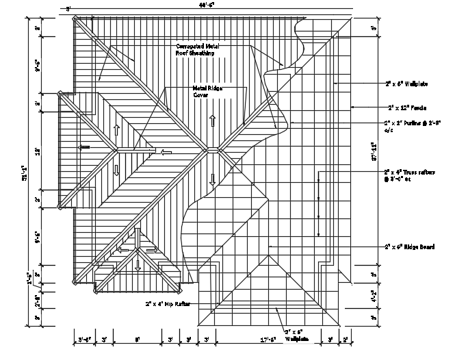 The roof layout of the 42’x45’ 2bhk house plan