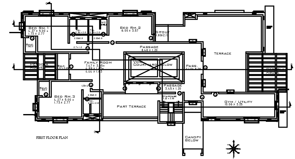 The room dimension of the 34x15m first floor house plan AutoCAD drawing