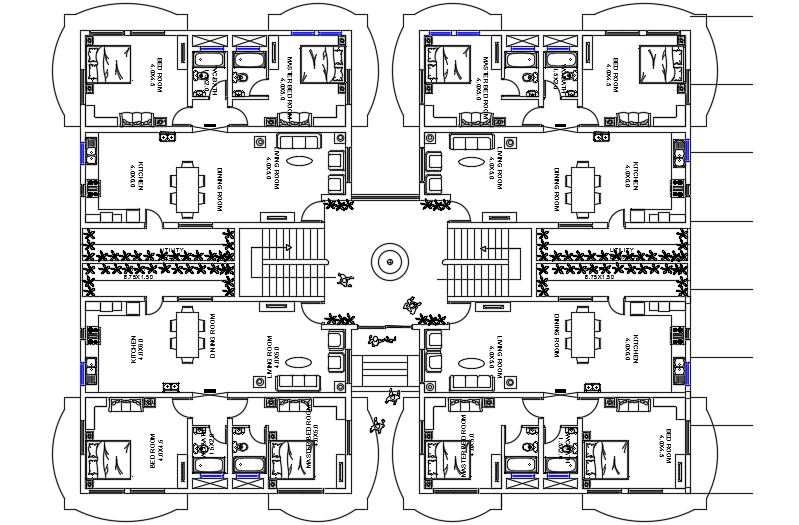 The sanitary cad block view of the 27x20m ground floor apartment plan 2d AutoCAD drawing